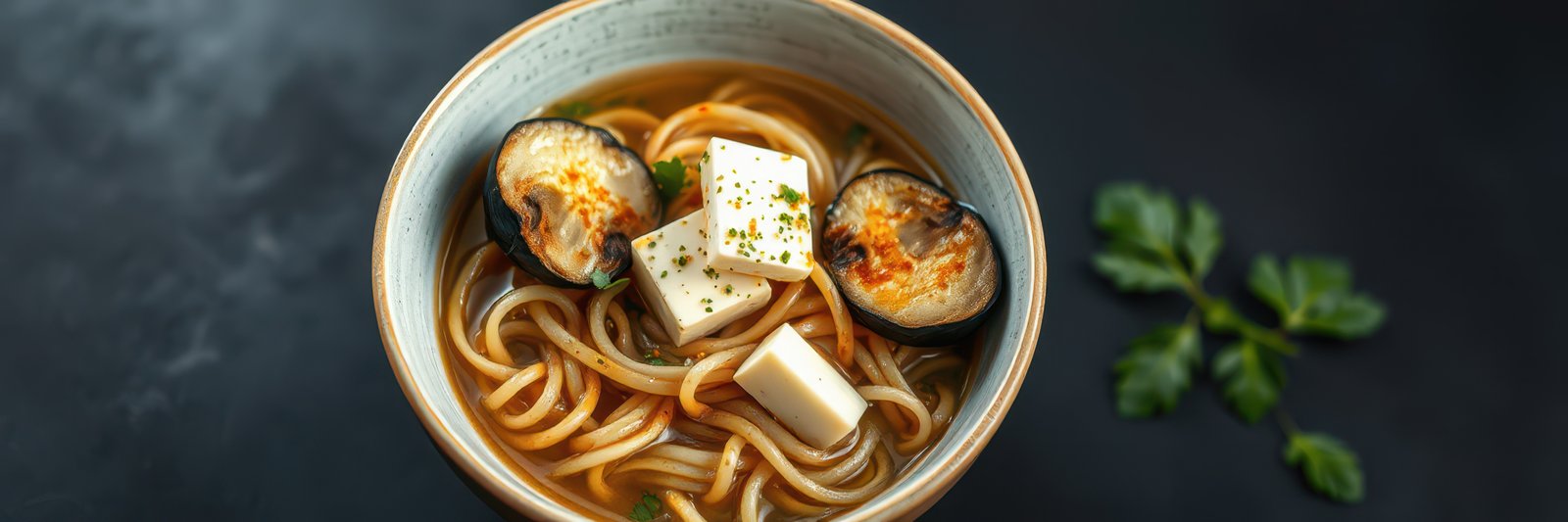 Noodle bowl with soft tofu and grilled vegetables served in a ceramic dish against a dark background